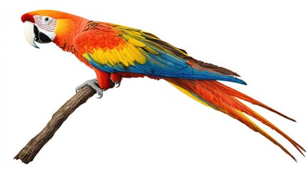 Fototapeta premium A vibrant macaw perched on a branch, showcasing its colorful feathers in shades of red, yellow, green, and blue.