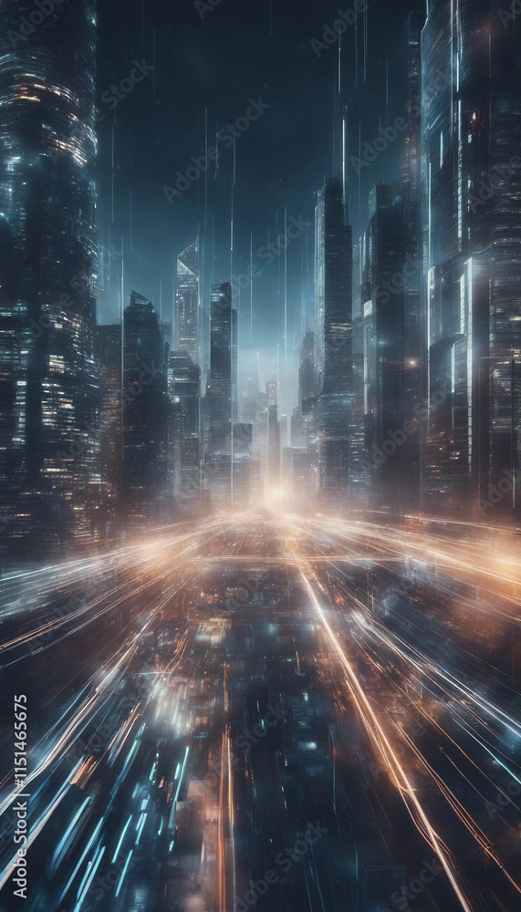 Poster futuristic cityscape with digital data streams and light trails vertical