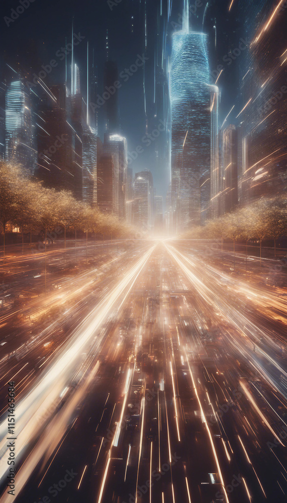 Poster futuristic cityscape with digital data streams and light trails vertical