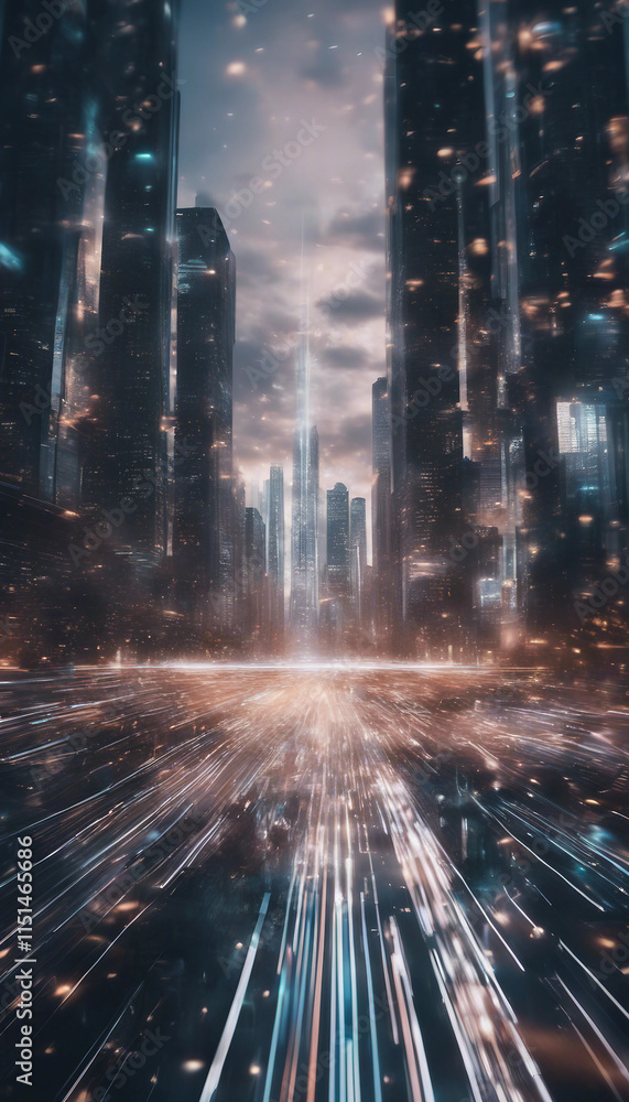 Poster futuristic cityscape with digital data streams and light trails vertical