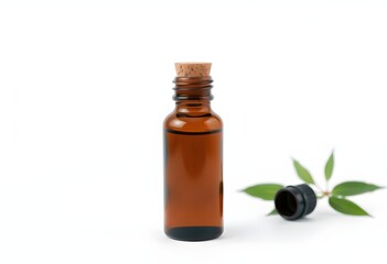 Elegant bottle with cork lid for essential oils, isolated on white