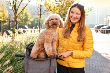 Smiling woman with bicycle and cute Toy Poodle dog in pet carrier outdoors