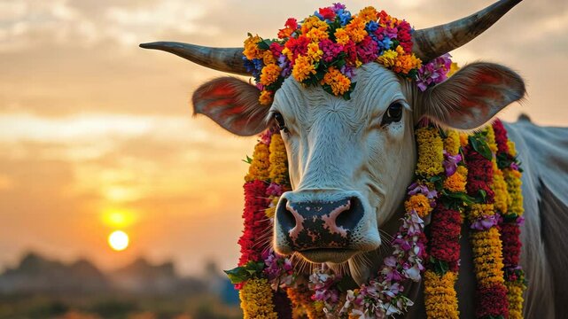 A majestic Indian cow decorated with vibrant flower pic