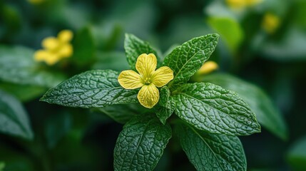 Obraz premium close-up of a yellow flower and green leaves
