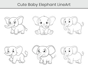 Obraz premium Cute baby elephant outline cartoon vector. Cute baby elephant flat line art illustration on white background