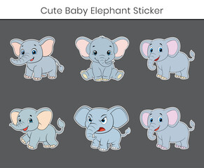 Cute cartoon baby elephant vector sticker. Cute baby elephant line art flat illustration on white background