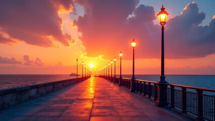 Obraz premium Serene promenade with lampposts at sunset over the ocean. new image 