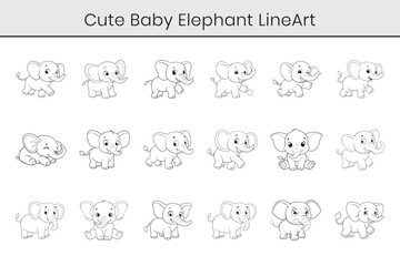 Cute baby elephant outline cartoon vector. Cute baby elephant flat line art illustration on white background