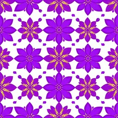 Purple Floral Seamless Pattern:  A vibrant and intricate floral pattern, featuring bold purple blossoms with delicate golden accents, seamlessly repeats for endless creative possibilities.  