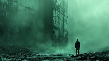 Obraz premium Lone Figure Stands Before Immense Green Foggy Structure