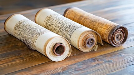 Ancient Scrolls on Wooden Table with Historical Texts and Craftsmanship Detail