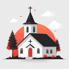 Simple illustration of a white church with a red door at sunset.