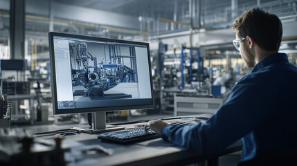 Engineer Using 3D Software to Model Robotic Assembly Line for Advanced Automation in a High-Tech Industrial Workspace