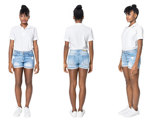 Obraz premium Woman png mockup in white polo shirt with denim shorts casual wear set