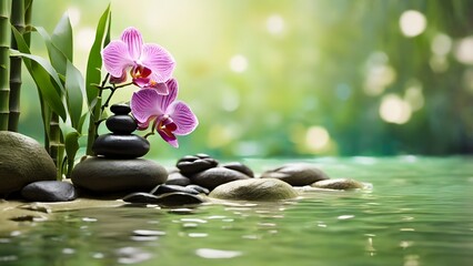 Photo of Zen, stones, flowers, bamboo, background Created with Generative AI technology