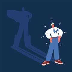 Cartoon vector illustration of a businessman with a superhero shadow behind him, representing leadership, ambition, and inner strength