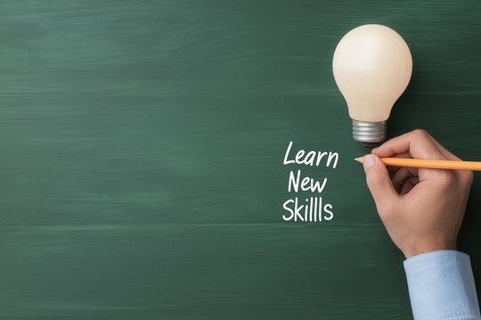 New Year's resolutions personal goals skills concept. A hand writes "Learn New Skills" on a chalkboard with a glowing light bulb above, symbolizing knowledge and creativity.