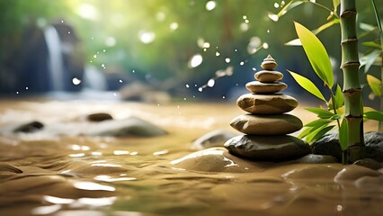 Obraz premium Photo of Zen, stones, flowers, bamboo, background Created with Generative AI technology