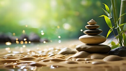 Obraz premium Photo of Zen, stones, flowers, bamboo, background Created with Generative AI technology