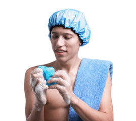 Happy man in shower cap with towel and mesh sponge on white background