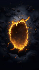 fiery portal surrounded by dark rocks and smoke, creating dramatic scene