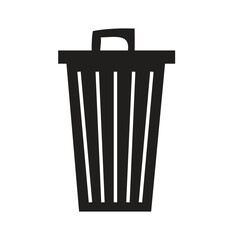 Minimalist vector of a trash can icon in black, featuring a classic vertical stripe design and a lid handle.