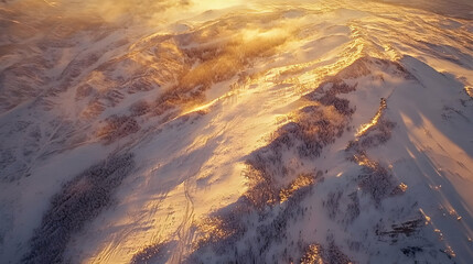 Naklejka premium Aerial View of Majestic Snow Mountain at Sunrise