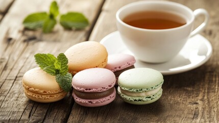 Obraz premium Colorful macarons with tea on rustic wood.