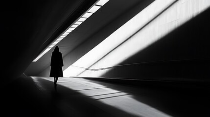Woman in long coat walking through a modern tunnel