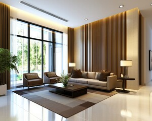 Fototapeta premium A modern, stylish living room featuring a cozy sofa, elegant chairs, and large windows allowing natural light, complemented by decorative plants and neutral tones.