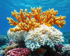 A vibrant coral reef featuring bright orange and white corals, teeming with underwater life against a clear blue ocean background.