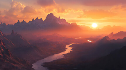 Majestic Sunset Landscape: River flows through Mountains