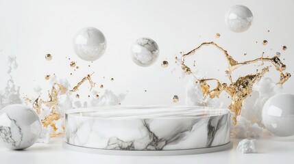 Fototapeta premium Elegant marble podium with gold liquid splash and spheres.