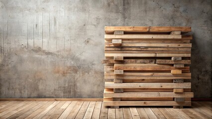 Rustic Stack of Reclaimed Lumber Against Weathered Concrete Wall in a Room with Wooden Floor