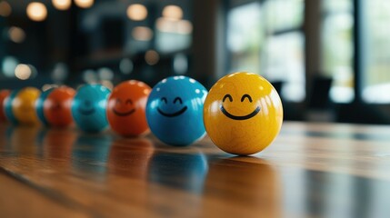 Colorful smiley balls lined up on a wooden surface, creating a cheerful and playful atmosphere.