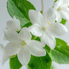 white mock orange flowers with green leaves