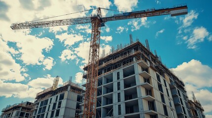 Fototapeta premium Amidst a bustling construction site, a large tower crane facilitates the building of a multi-story structure, showcasing the significant progress made against a backdrop of dynamic clouds