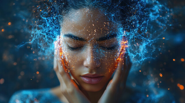 woman with glowing digital network overlay on her face, symbolizing transformation