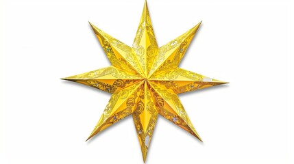 Obraz premium A bright yellow star-shaped sticker with fine detailing, isolated against a white background.