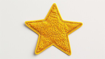Obraz premium A bright yellow star-shaped sticker with fine detailing, isolated against a white background.