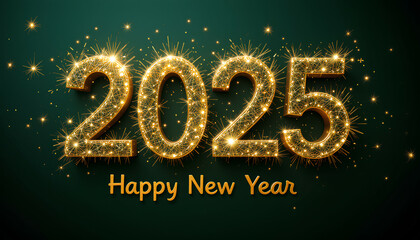 Design festivo com o número dourado '2025' cercado por faíscas e luzes cintilantes, acompanhado do texto 'Happy New Year' em um fundo verde escuro. Ideal para temas de Ano Novo, banners, e materiais d