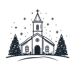 Fototapeta premium Simple line art church illustration with snow and Christmas trees.