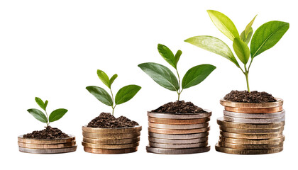 Plant sprouting from coins, symbolizing investment growth, isolated on transparent background (PNG).