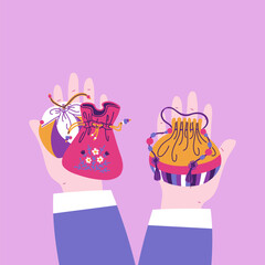 Korean lucky bags on hands, vector traditional Asian purses for gifts on oriental lunar holiday, Chinese textile pouches