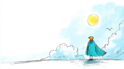 Young boy in blue cloak gazing at the sun and sky filled with clouds and flying birds in whimsical style