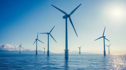 Spinning Turbines at a Wind Farm by the Sea Under Clear Skies