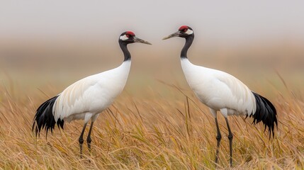 Obraz premium Majestic Cranes Standing Gracefully in a Misty Marshland with Lush Grass Background