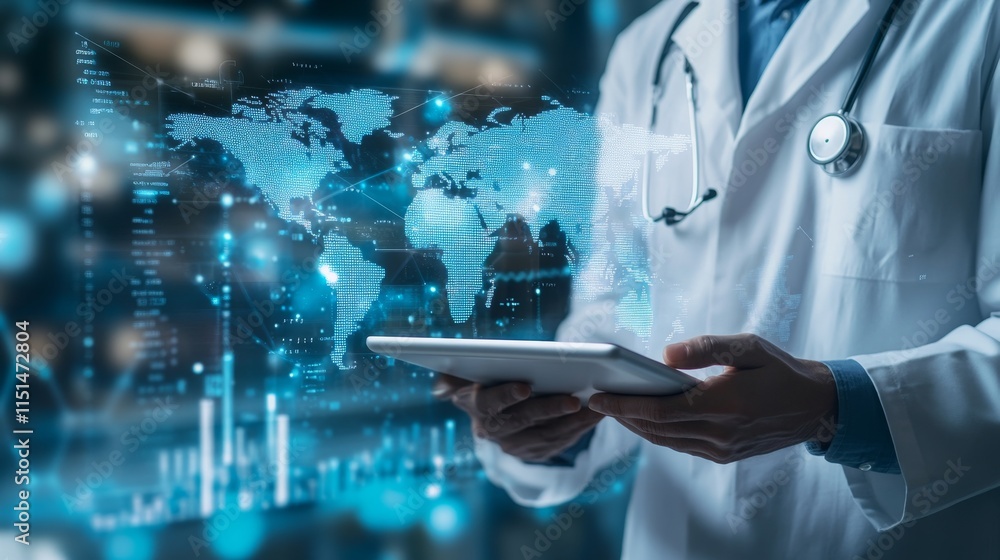 Poster scientist reviewing global health data on digital device