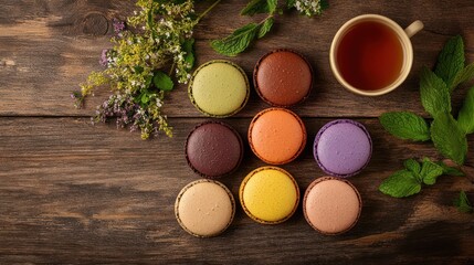 Colorful macarons arranged on wooden table with tea and herbs.