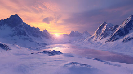 Majestic Winter Sunset: Snowy Mountains and Frozen Lake